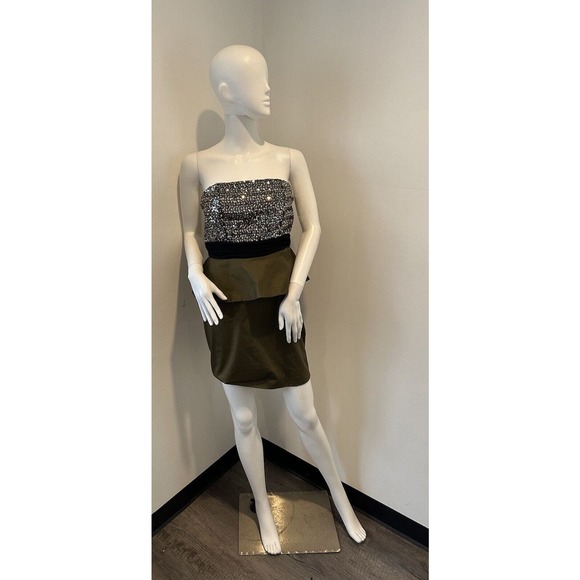 NWT $495 Alice and Olivia Sequin Mini Strapless Dress Safari Green Sz 8 - Picture 11 of 13